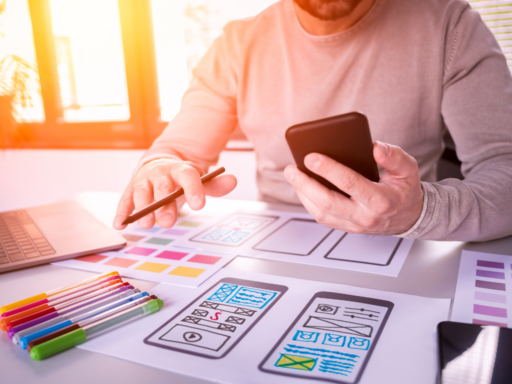 Photo of someone at a desk reviewing colorful webpage designs on paper.